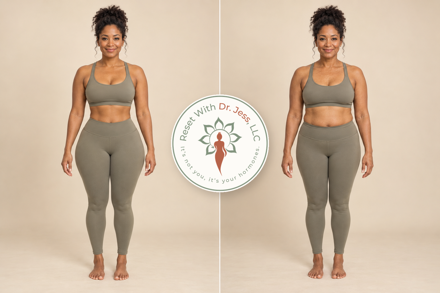Before and after comparison showing body composition shift with hormonal changes